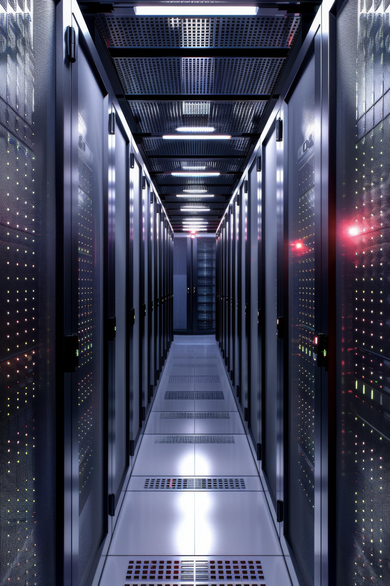Corredor de Data Center com racks de servidores em operação, luzes de status e infraestrutura crítica.
